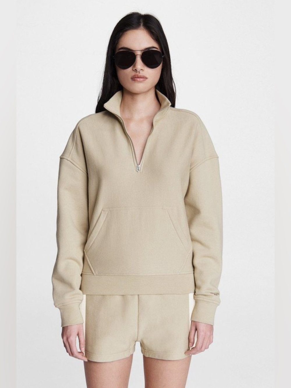 RAG & BONE City Organic Cotton Half-Zip Pullover Sweatshirt Medium Warm Khaki